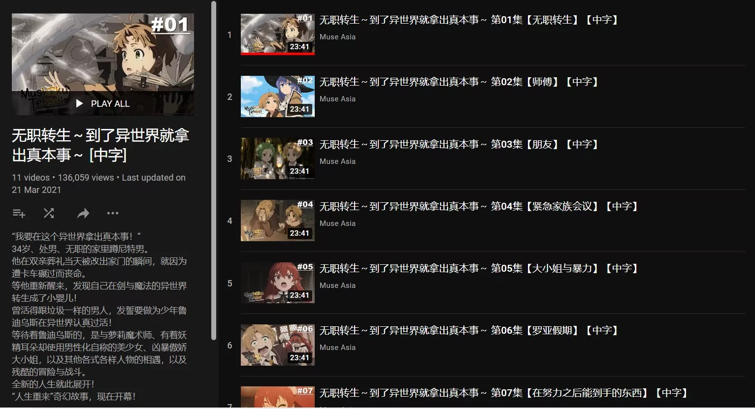 Chinese Subbed Anime on Muse Asia YouTube:
